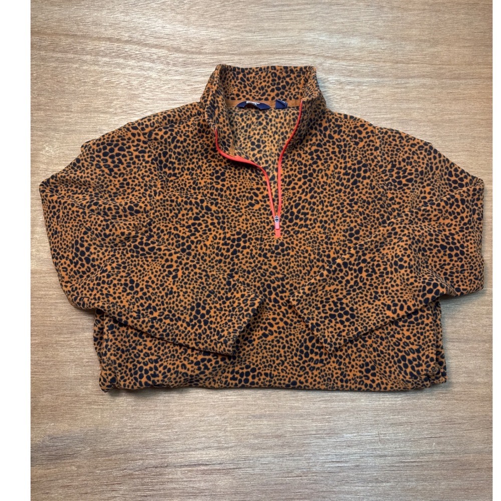 Lands End Fleece Pullover Womens Medium Orange Leopard Excellent Quarter Zip